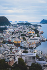 Beautiful super wide-angle summer aerial view of Alesund, Norway - obrazy, fototapety, plakaty