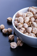 Dry chickpeas in bowl on dark background