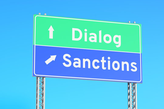 sanctions or dialog green road signs, 3D rendering