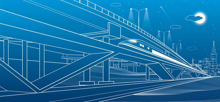 Train move on the bridge, night city and overpass, industrial and transportation illustration, white lines landscape, night town, vector design art 