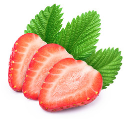 Three perfectly cleaned sliced strawberries with leaves isolated on the white background with clipping path