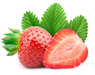 Perfectly retouched strawberry with sliced half and leaves isolated on white background whith clipping path