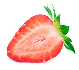 Perfectly retouched sliced strawberry with leaves isolated on the white background with clipping path