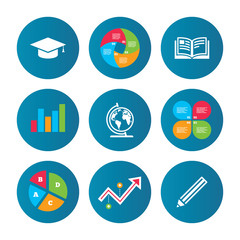 Pencil and open book signs. Graduation cap icon.