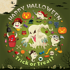 Naklejka premium Vintage Halloween poster design with vector ghost character. 