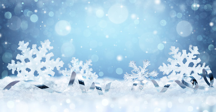 Snowflakes And Ribbon On Snow - Christmas Card
