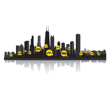 Taxi service. Taxi sign city background. Call taxi pointer. Chicago skyline with taxi app icons