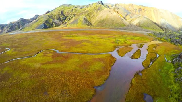 Valley National Park Landmannalaugar. Aerial view of the gentle slopes of the mountains. Magnificent Iceland in the autumn