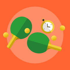 Table tennis ping pong banner, vector illustration in flat style. Two green paddles, stopwatch and yellow balls on orange background. Sports equipment