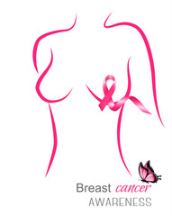 Female body outline with a pink ribbon and a butterfly. Breast c