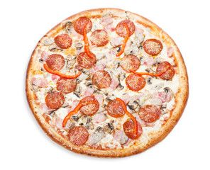 traditional Italian food: pizza with salami, ham, mushrooms and sweet peppers, isolated on white background