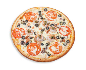 traditional Italian food: pizza with seafood and tomato, isolated on white background