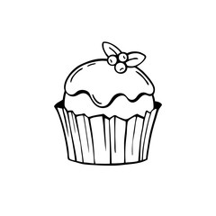 Cake with frosting and blueberries. Black and white vector illus