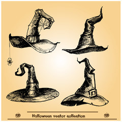 Hand drawn Halloween set.Witches hats