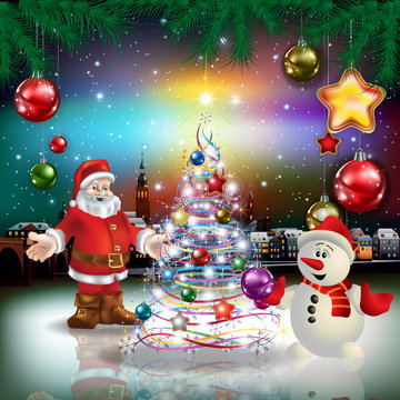 Christmas greeting with panorama of old city and Santa Claus and snowman