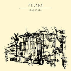 An old Chinese wooden house in Melaka, Malaysia, Southeast Asia. Travel sketch. Hand drawn touristic vintage postcard, poster or book illustration