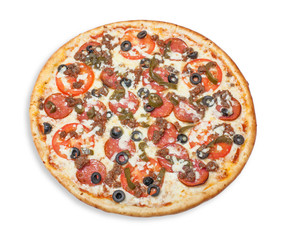 traditional Italian food: pizza Diablo, isolated on white background 