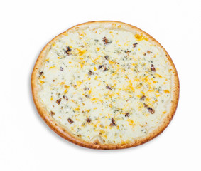 traditional Italian food: pizza four cheese. Mozzarella, Dor blue, cheddar and Parmesan, isolated on white background