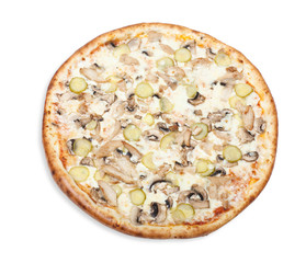 traditional Italian food: pizza with chicken breast, mushrooms and pickles, isolated on white background