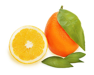 Fresh ripe orange fruits with cut and green leaves isolated on white background.