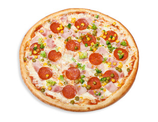 traditional Italian food: pizza with ham, pepperoni, broccoli, corn and green peas, isolated on white background
