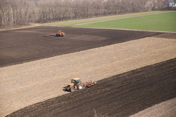 Tractor plows a field in the spring accompanied by rooks Tractor