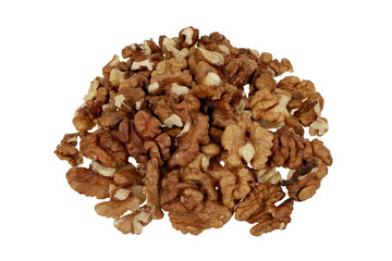 Pile of peeled walnuts isolated on white background