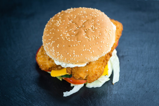 Fish Burger on a slate slab