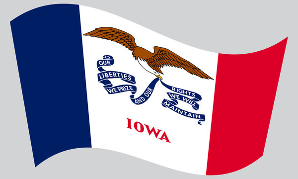 Flag of Iowa waving on gray background