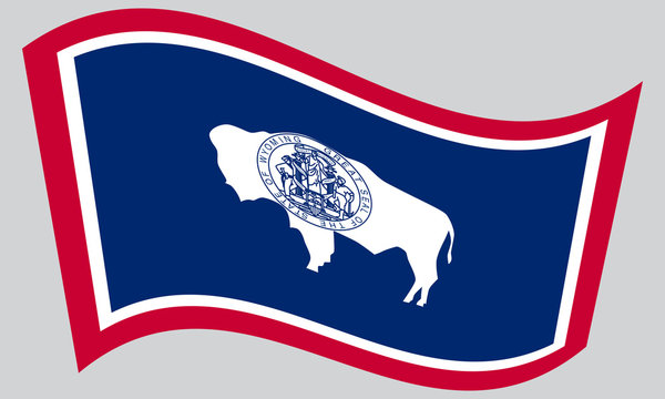 Flag of Wyoming waving on gray background