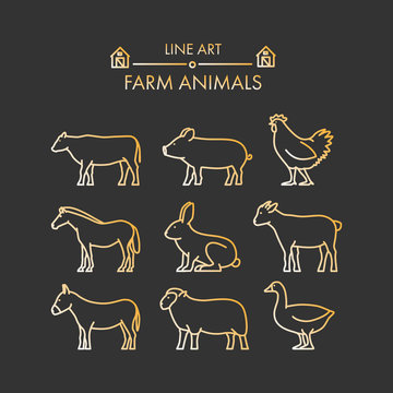 Gold line icon set of farm animals.