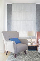 Gray upholstery armchair with blue pillow in modern interior living room
