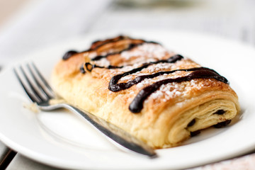 Chocolate croissant bakery on the dish