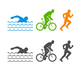 Vector flat logo triathlon. Figures triathletes on a white background.