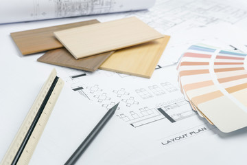 color and material samples on architectural drawings of the modern house