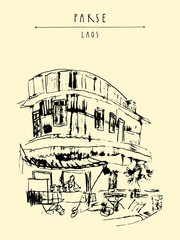 Street corner, local restaurant in old French part of Pakse, Laos, Southeast Asia. Travel sketch. Vintage hand drawn touristic postcard
