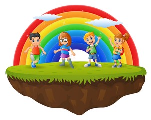 Happy boy and girl in the hill on rainbow background