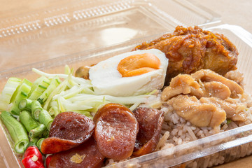 Shrimp-paste fried rice with chinese sausage, fried chicken salt