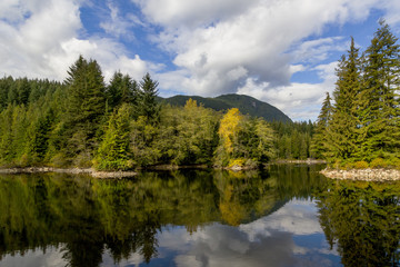 Fototapeta na wymiar Clouds reflection in autumn Lake forest