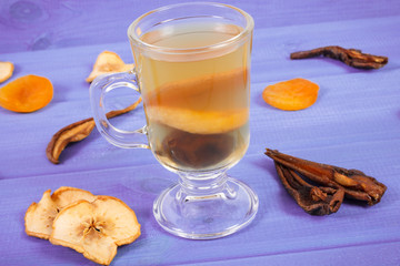 Fresh traditional compote of dried fruits and ingredients on boards