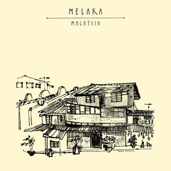 Old historical houses on the river in Melaka, Malaysia. Travel sketch. Vintage touristic hand drawn postcard, poster, book illustration