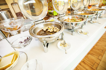 Buffet breakfast (focus on the egg dish).