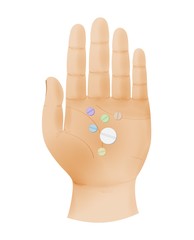 human hand shows five fingers and palm with pills