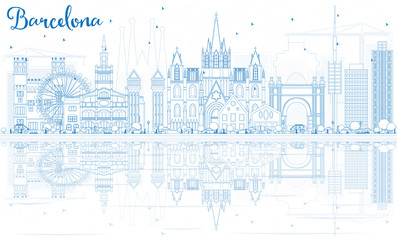 Outline Barcelona Skyline with Blue Buildings and Reflections. - obrazy, fototapety, plakaty