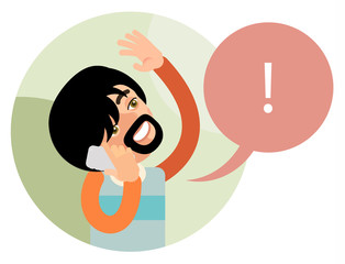 Emotional conversation, a man talking on a smartphone. In the flat style. Speech bubble, exclamation point. eps 8.