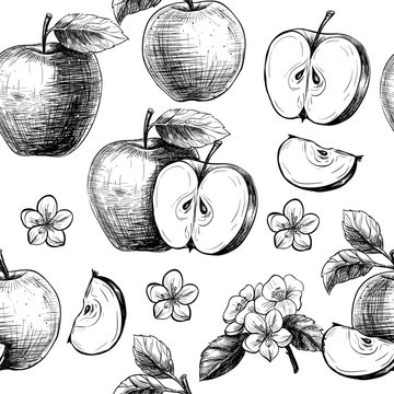 Apples  and flowers. Vector seamless pattern