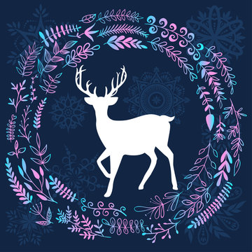Merry Christmas greetings illustration. Happy new year invitation card. Vector illustration with deer and forest leaves