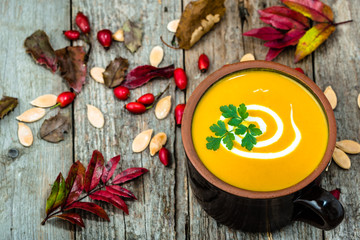 Pumpkin soup, autumn cooking, vegetarian dish