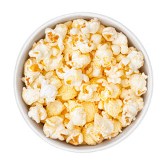 bowl of popcorn on white background, top view