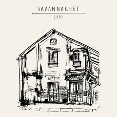 Old building in Savannakhet, former French colonial town, Laos, Southeast Asia. Travel sketch. Vintage hand drawn touristic postcard, poster or book illustration in vector